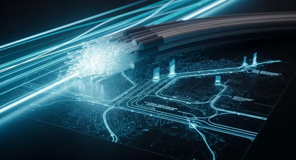 Infraestrutura de backbone óptico com cabos de fibra óptica interligando data centers